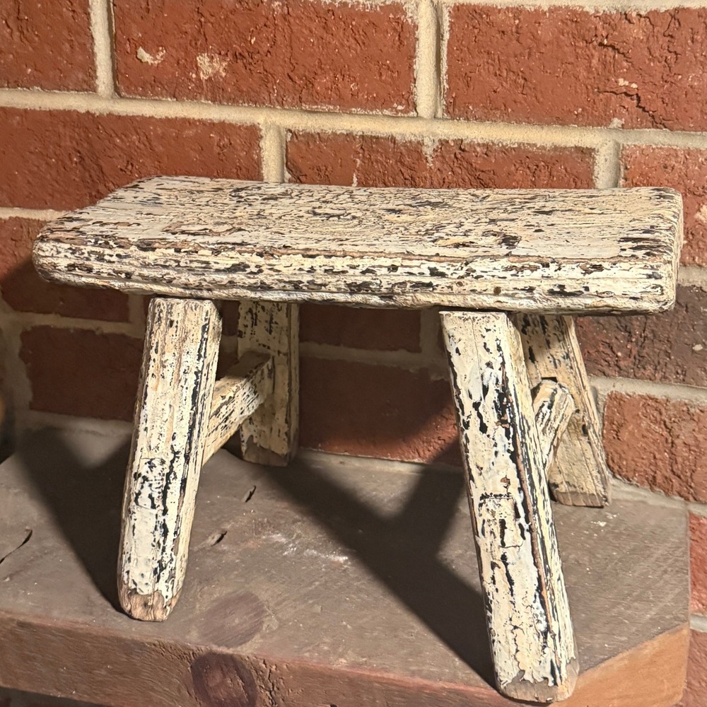 Antique Chinese Painted Elm Stool with Aged Patina and Mortise Joinery
